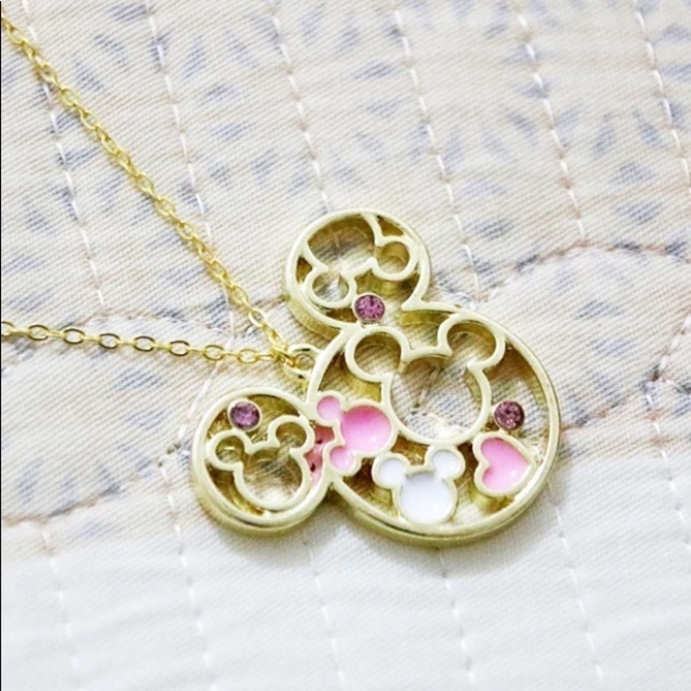 Pink and Gold Mickey and MinnieWith Pink Rhinestones Necklace